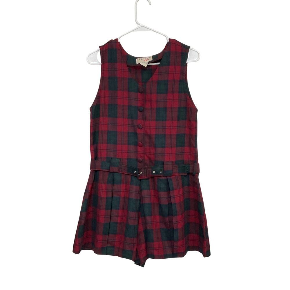 VTG 90s Plaid Belted Romper Size 16 X-Large Junior Red/Green Sleeveless Pleated